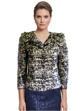 ECAILLE Paris Textured Silver Navy Brocade Sculptural Bow Shoulders Jacket Sz 12